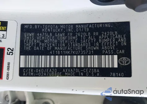 2019 Toyota Camry Se from USA, damaged, VIN 4T1B11HK7KU735731